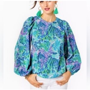 Lilly Pulitzer Lynnley Long Sleeve Top Botanical Green | Resort Chic Blouse